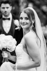 Autumn Wedding Photos - Bride with flowers, black & white - Pink Lime Studios, Wedding Photographer Sligo