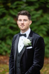Autumn Wedding Photos - Groom in the trees after wedding - Pink Lime Studios, Wedding Photographer Sligo