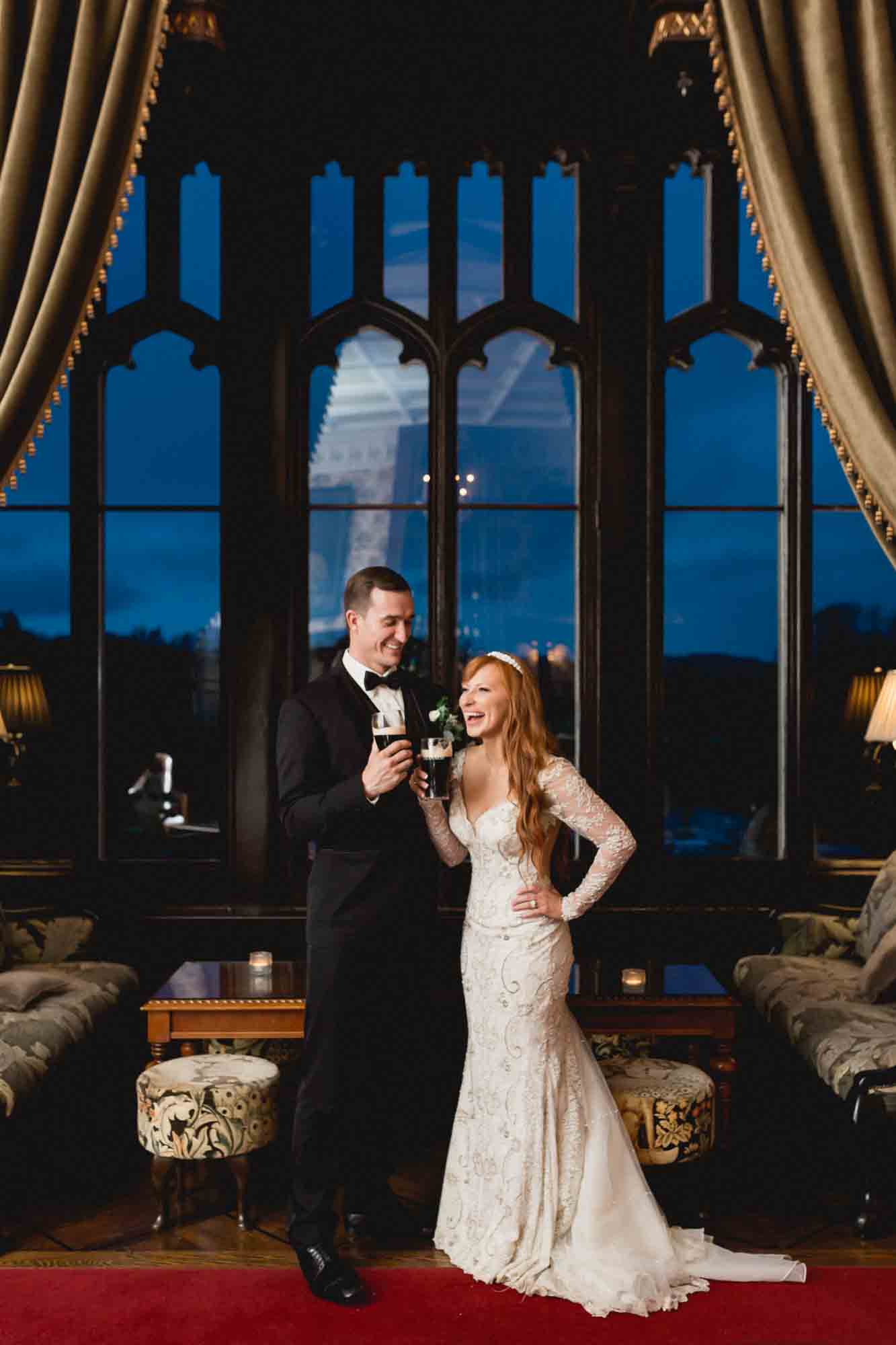 American Bride and Groom drink Guinness in Markree Castle