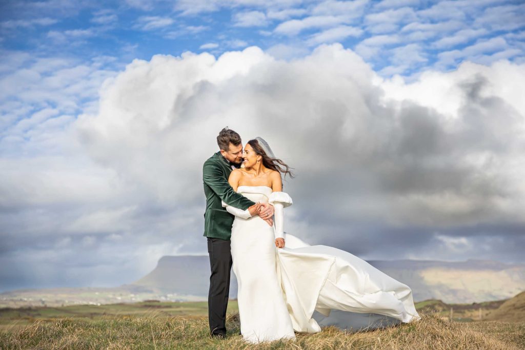 benbulben mountain and bride and groom in Rosses Point